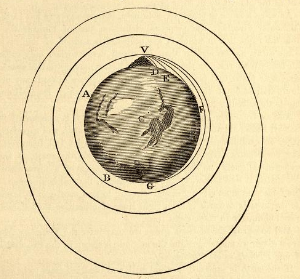 Newton's diagram showing ballistic motion under the force of gravity.